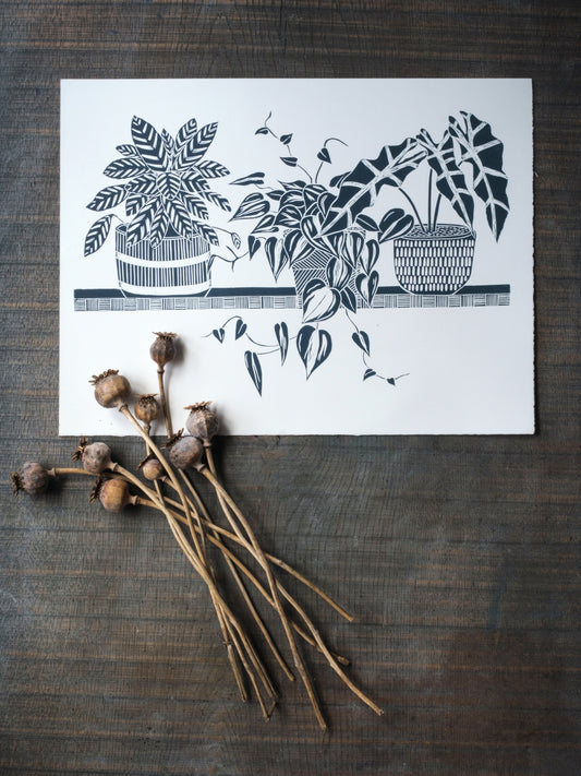 Three House Plants on a Shelf Lino Print - Lugger Blue