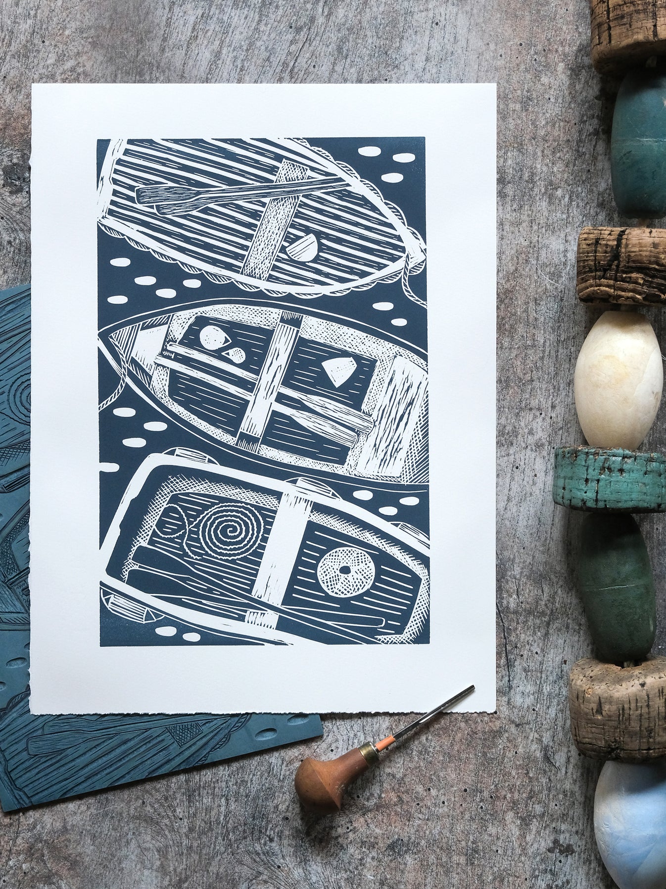 Three Boats, Coverack Lino Print - Test Print – Lino Lord