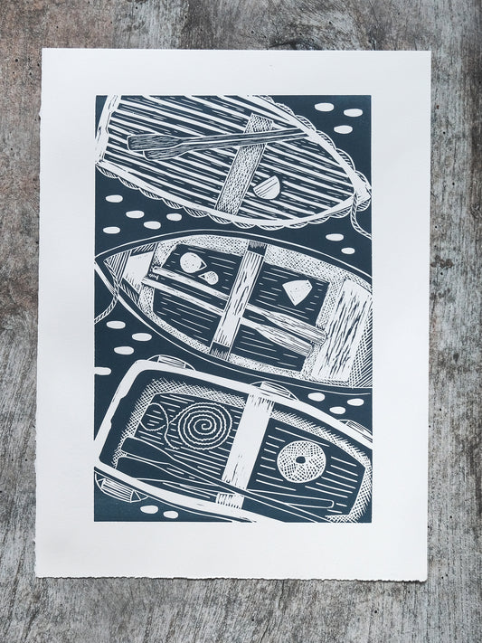 Three Boats, Coverack Lino Print - Test Print