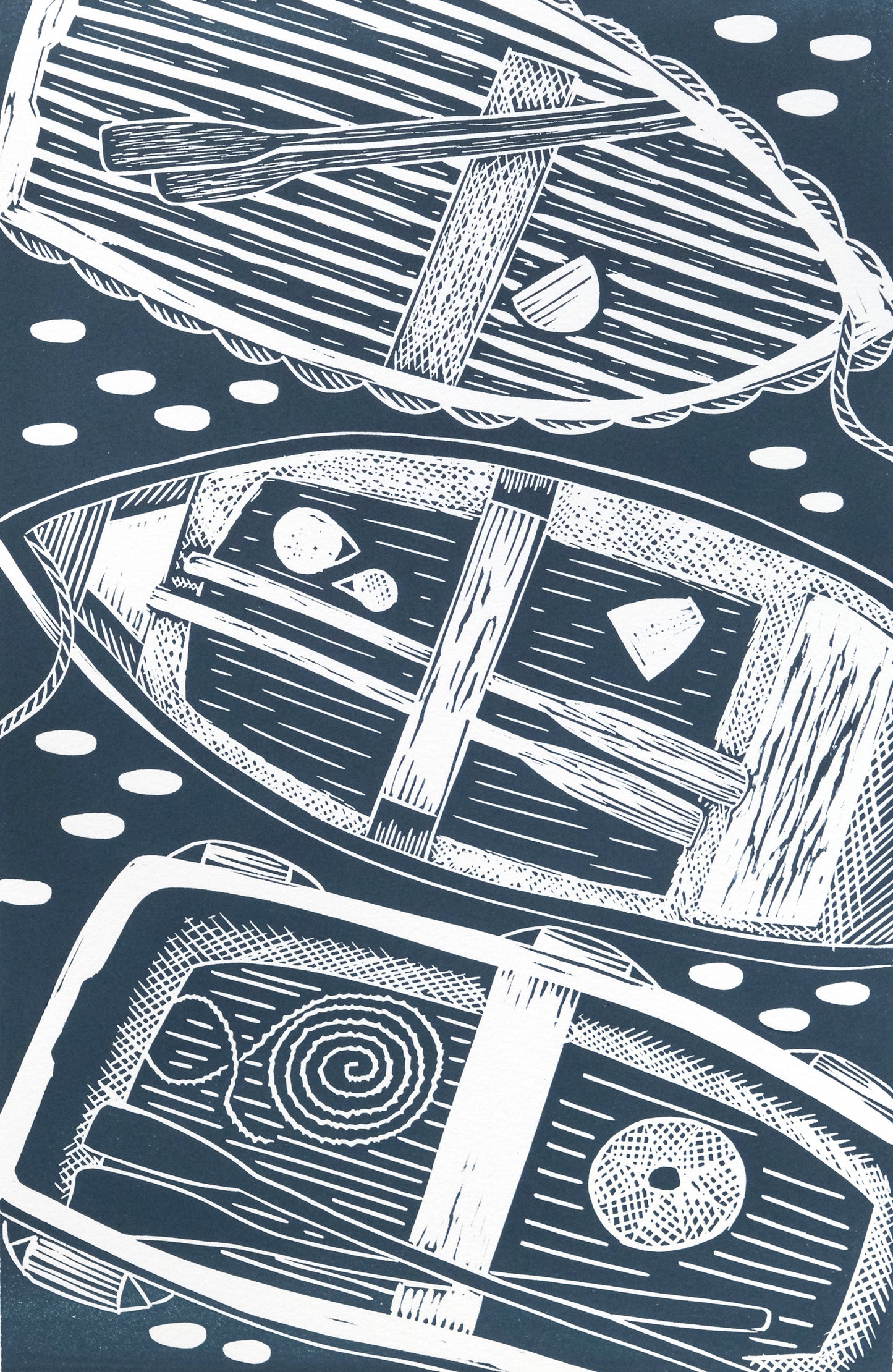 Three Boats, Coverack Lino Print