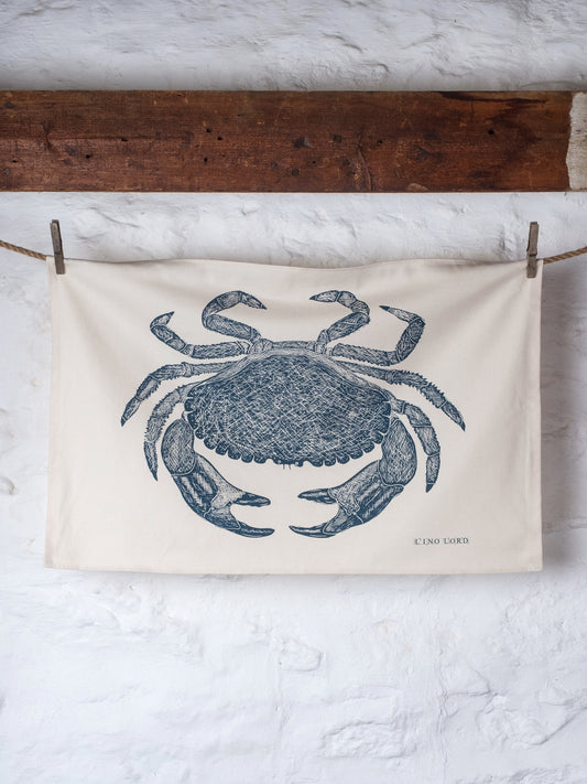 Organic Cotton Tea Towel with Brown Crab Lino Print
