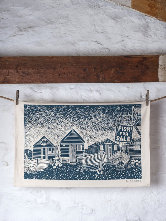 Organic Cotton Tea Towel with Fishermans Huts Lino Print
