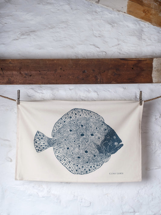 Organic Cotton Tea Towel with Turbot Lino Print