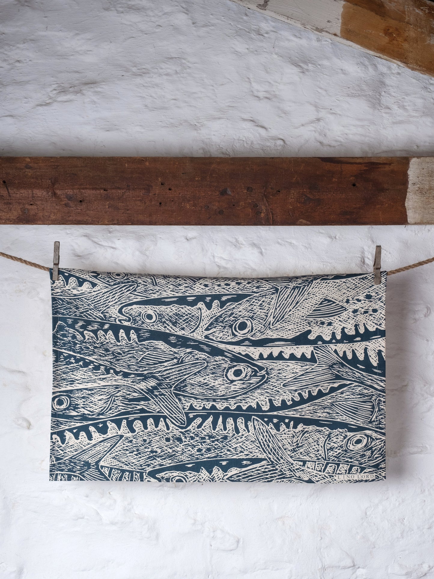 Organic Cotton Tea Towel with Heads or Tails Lino Print