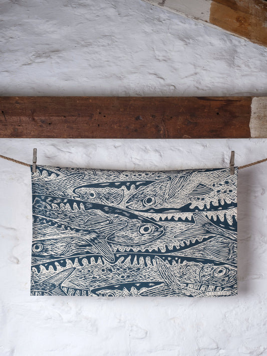 Organic Cotton Tea Towel with Heads or Tails Lino Print