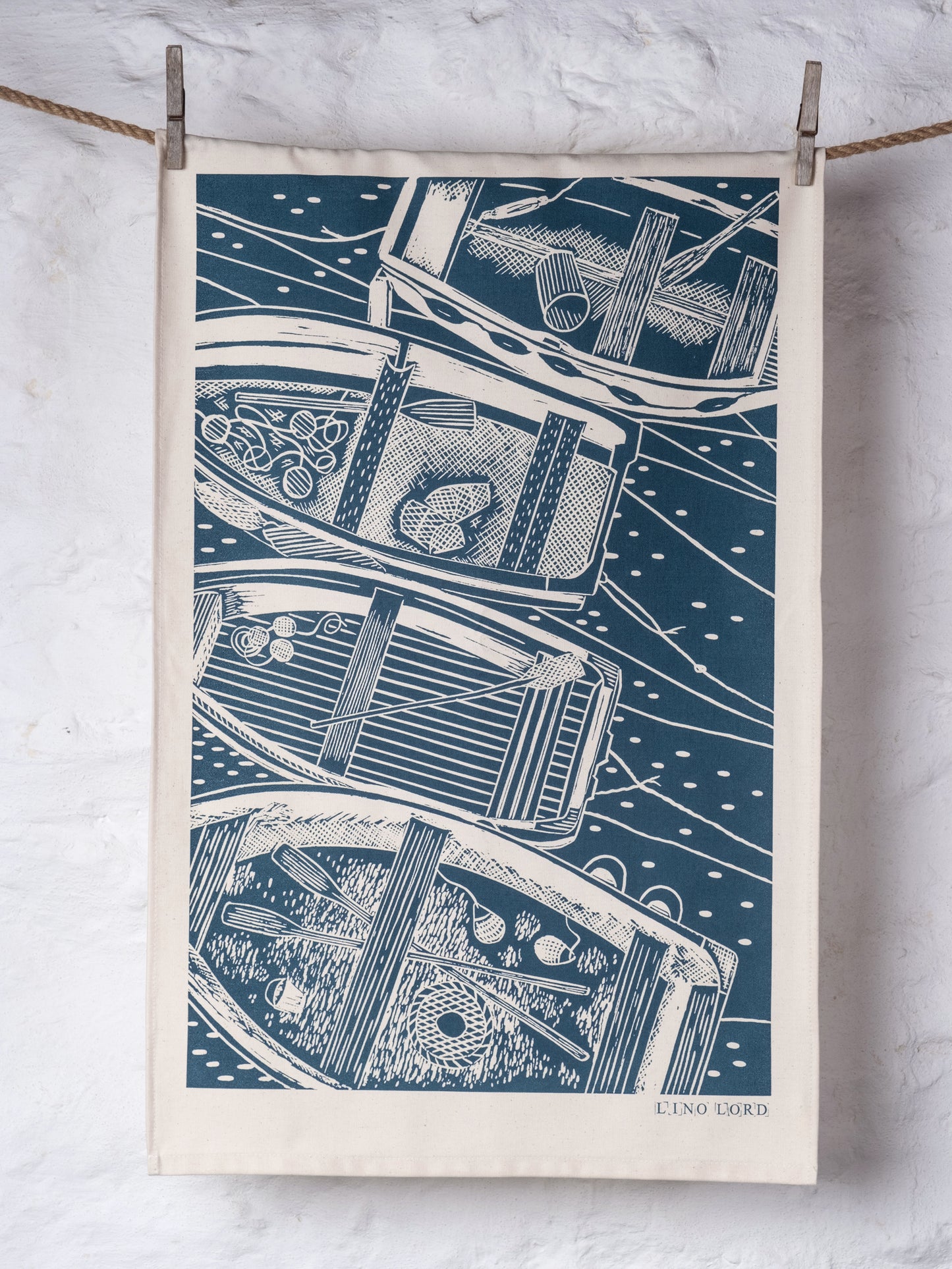 Organic Cotton Tea Towel with Four Boats From Above Lino Print