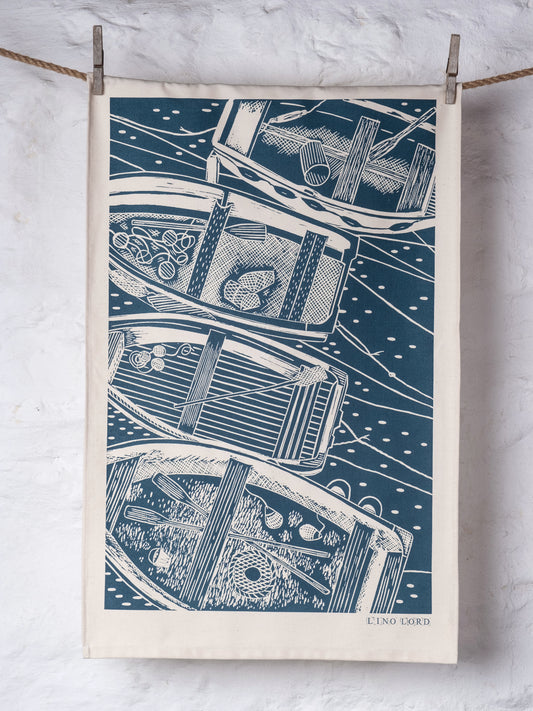 Organic Cotton Tea Towel with Four Boats From Above Lino Print