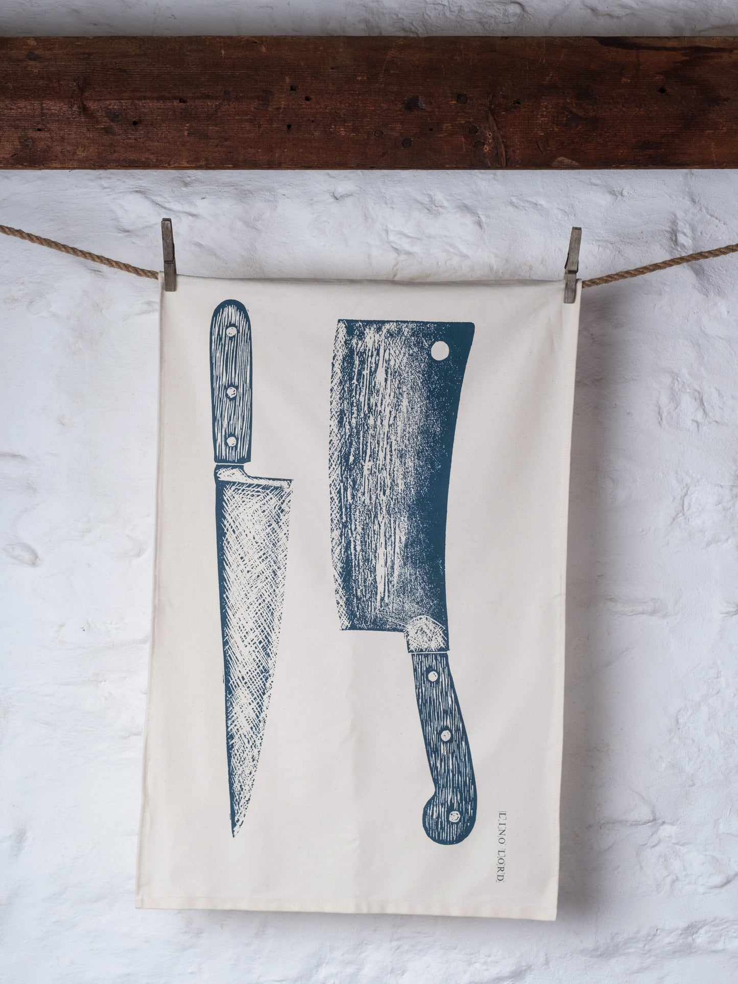 Organic Cotton Tea Towel with Knife & Cleaver Lino Print