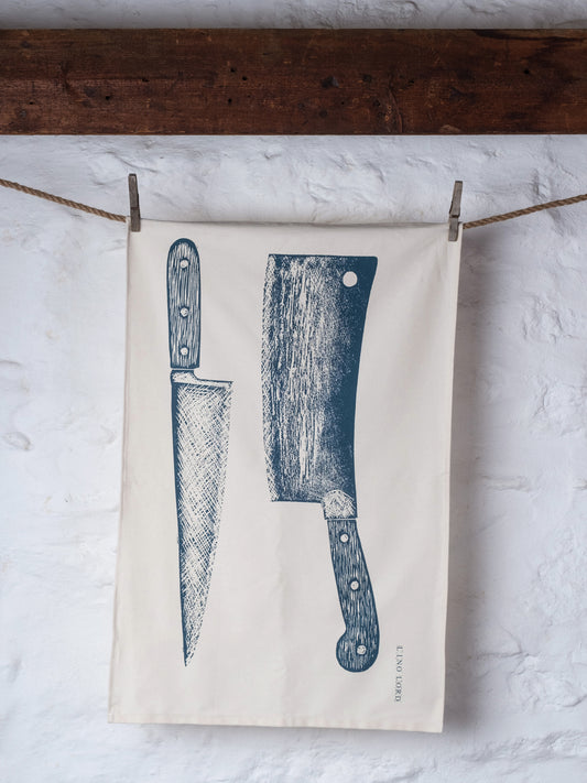 Organic Cotton Tea Towel with Knife & Cleaver Lino Print