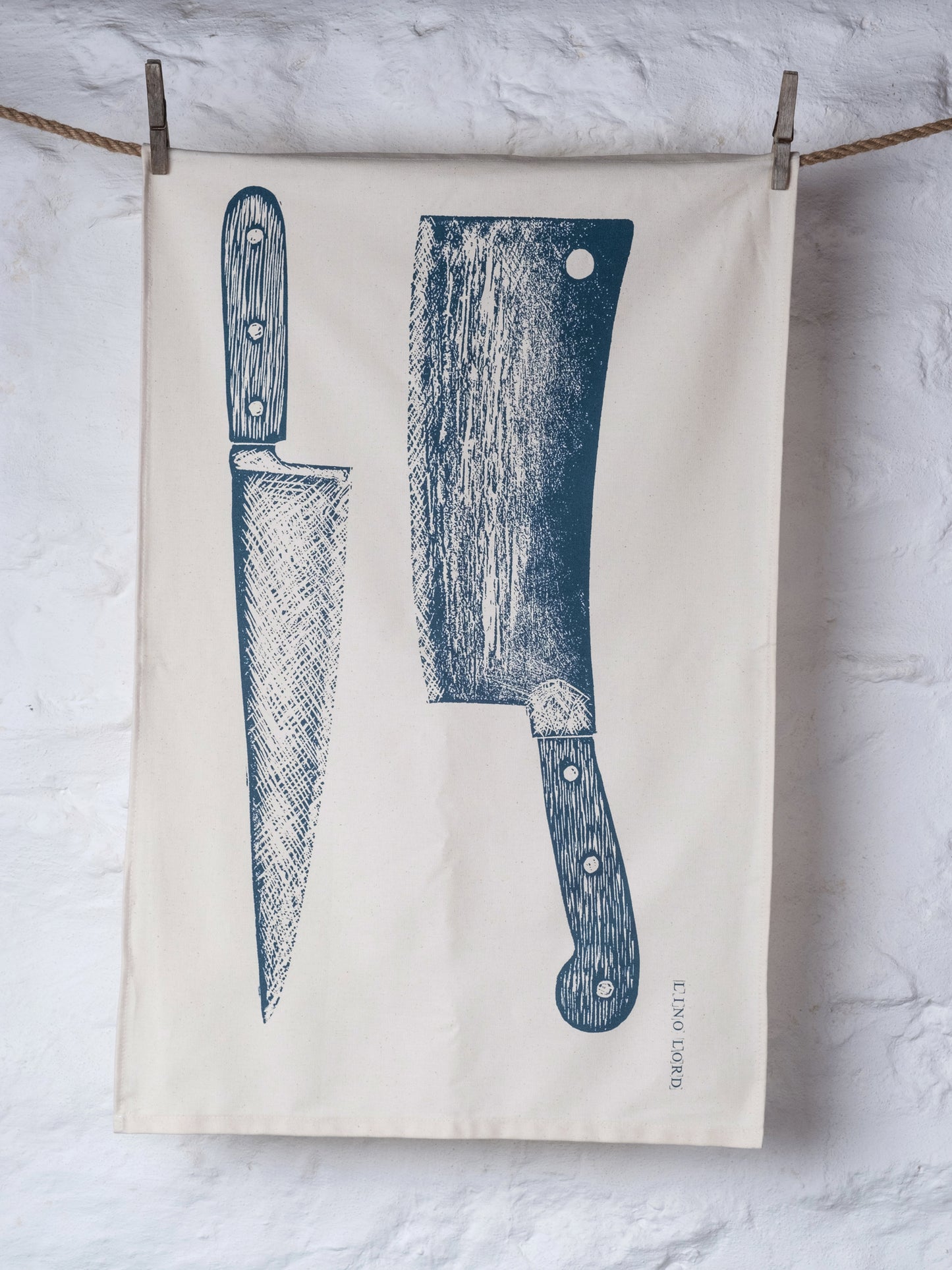 Organic Cotton Tea Towel with Knife & Cleaver Lino Print