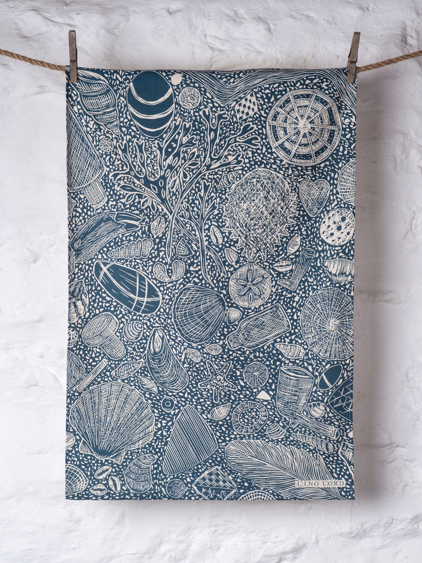 Organic Cotton Tea Towel with Hidden Beach Finds Lino Print