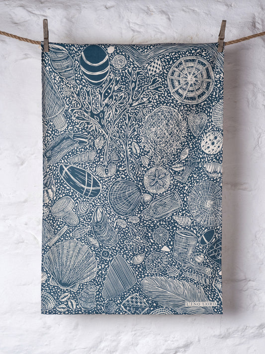Organic Cotton Tea Towel with Hidden Beach Finds Lino Print