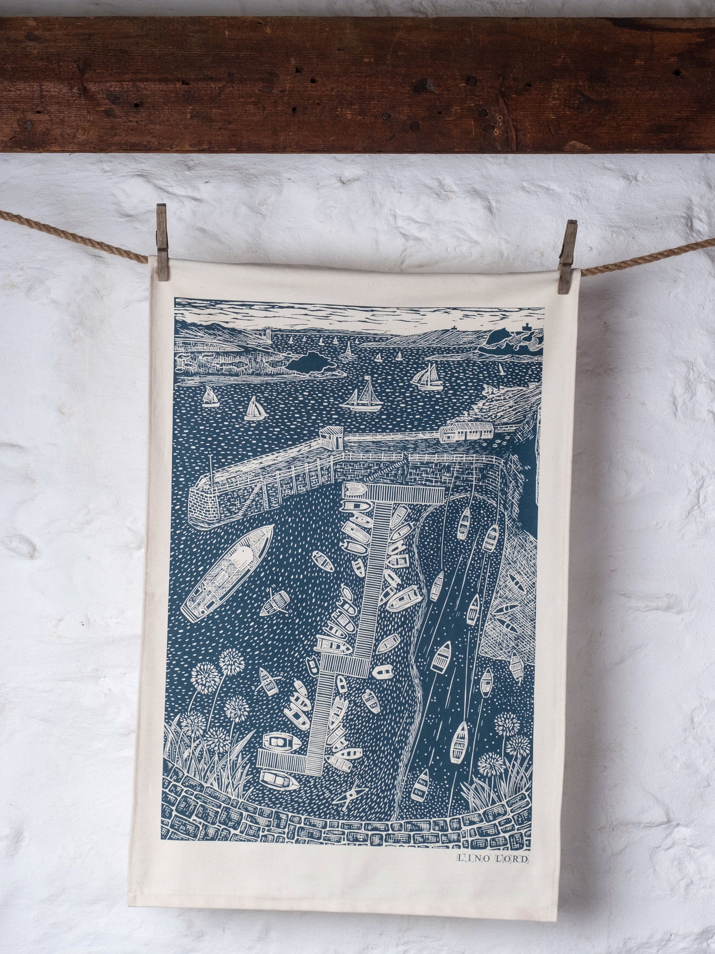 Organic Cotton Tea Towel with Summer St Mawes Lino Print
