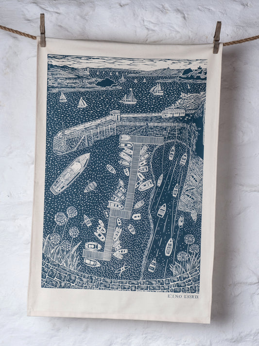 Organic Cotton Tea Towel with Summer St Mawes Lino Print