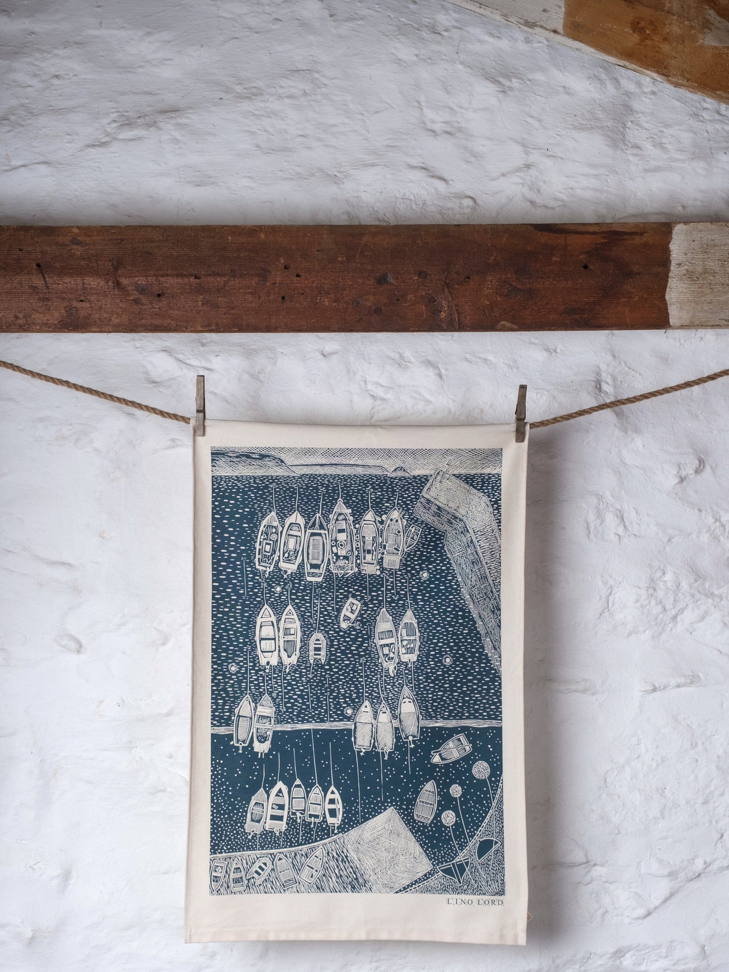 Organic Cotton Tea Towel with End of the Day Portscatho Lino Print