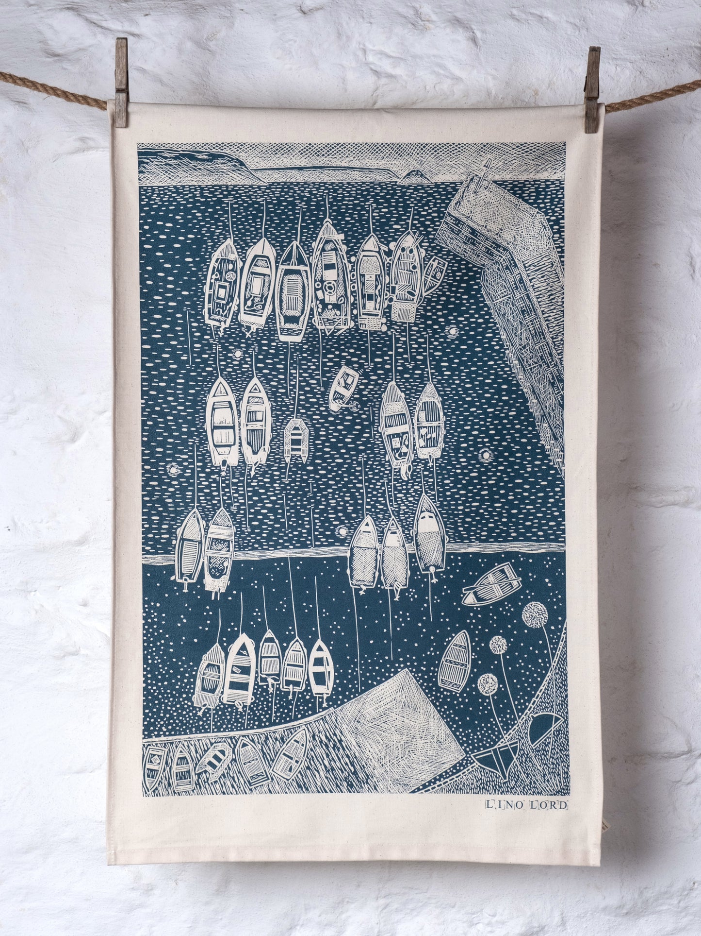 Organic Cotton Tea Towel with End of the Day Portscatho Lino Print