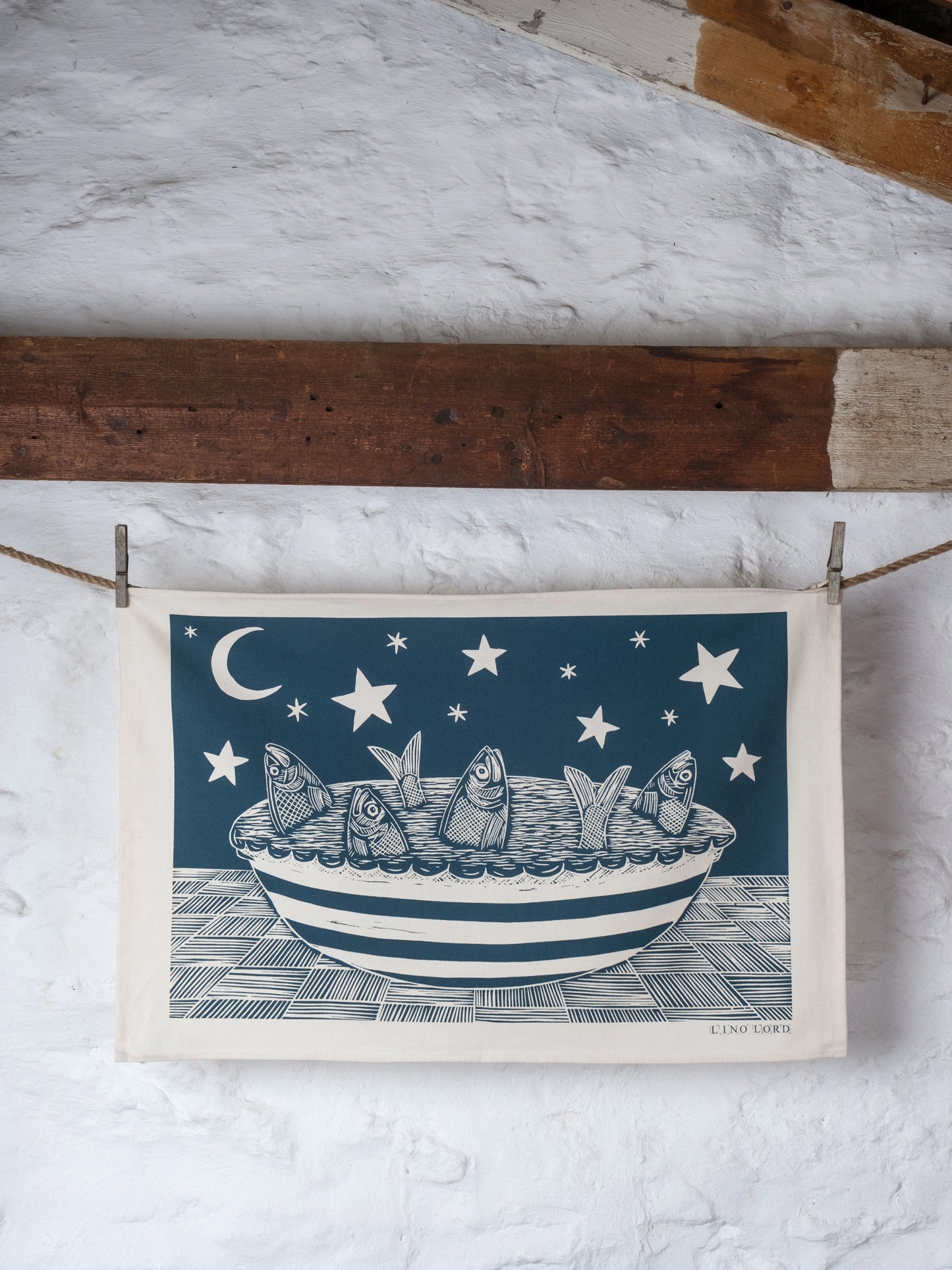 Organic Cotton Tea Towel with Stargazy Pie Lino Print