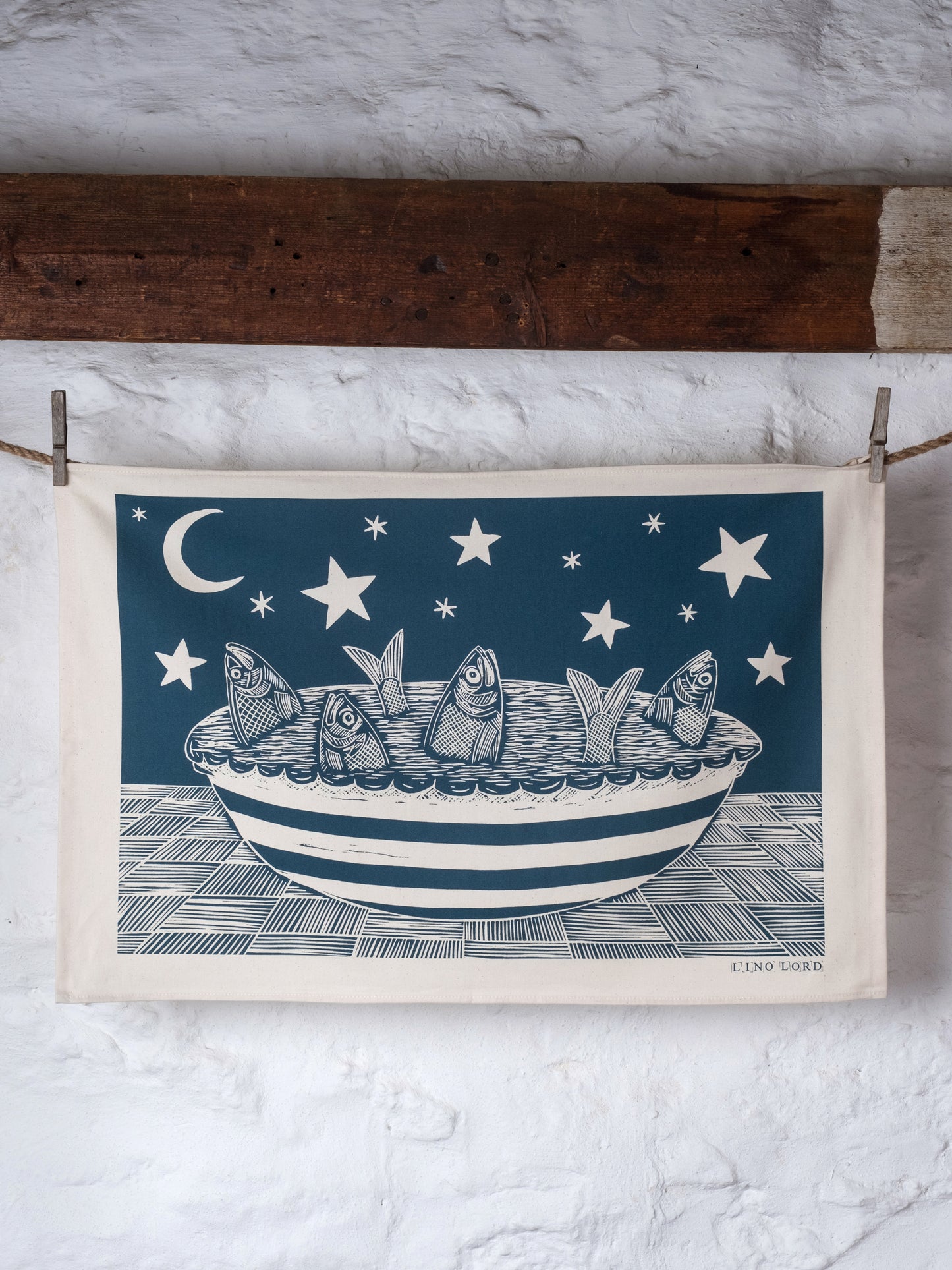 Organic Cotton Tea Towel with Stargazy Pie Lino Print