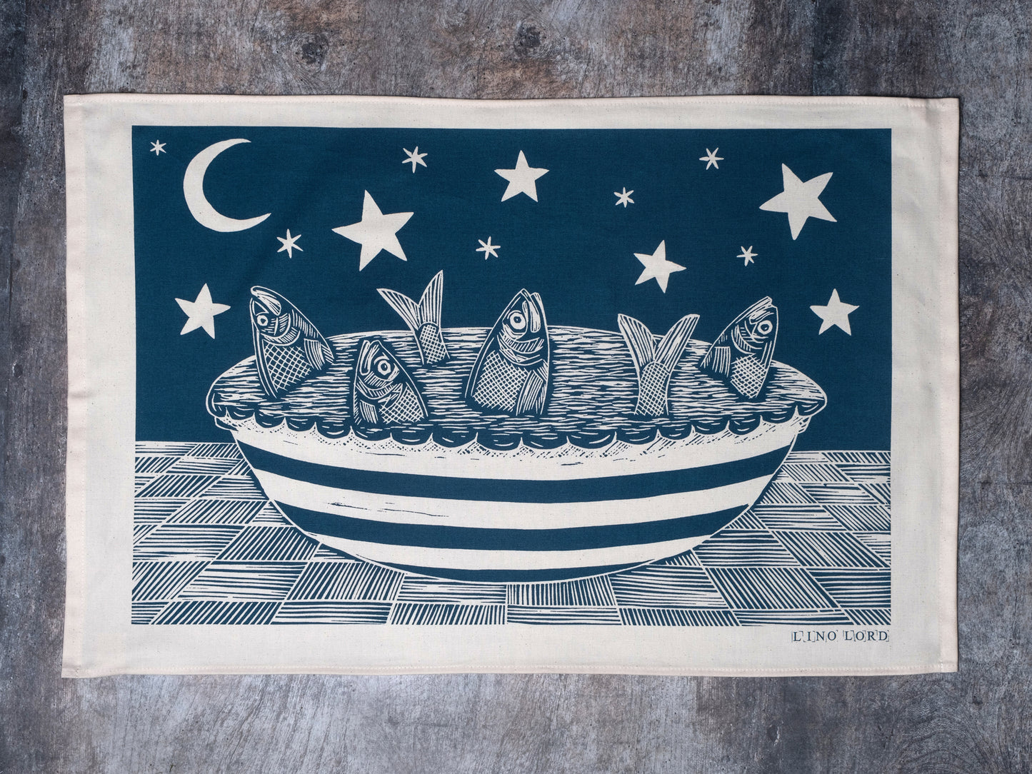 Organic Cotton Tea Towel with Stargazy Pie Lino Print