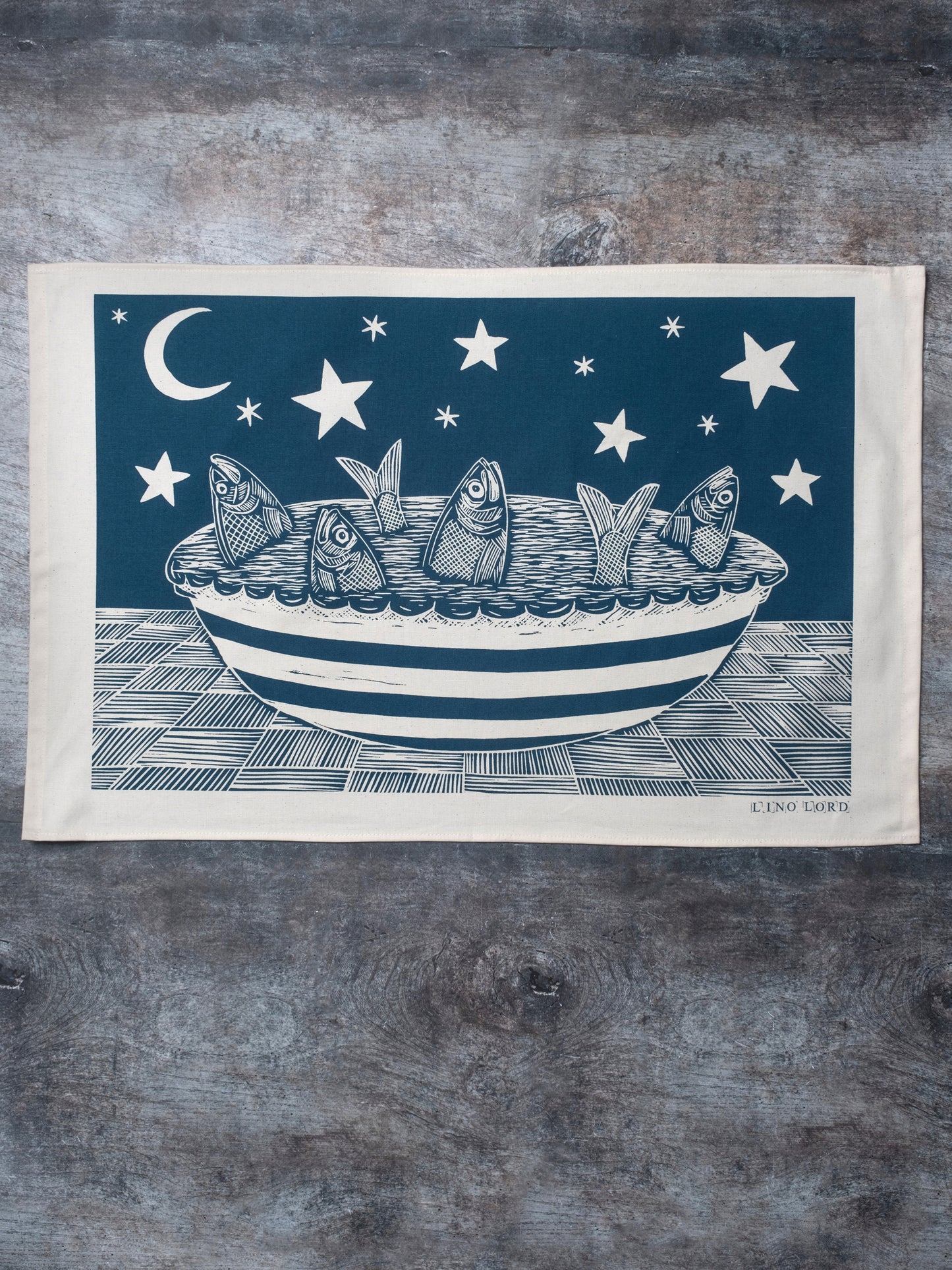 Organic Cotton Tea Towel with Stargazy Pie Lino Print