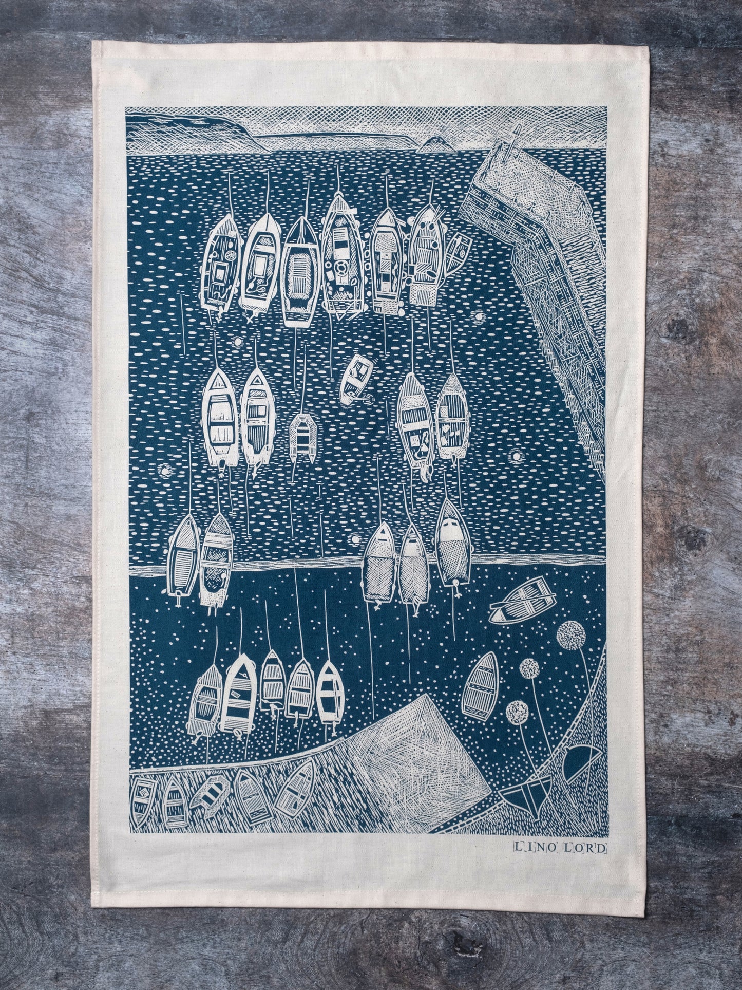 Organic Cotton Tea Towel with End of the Day Portscatho Lino Print