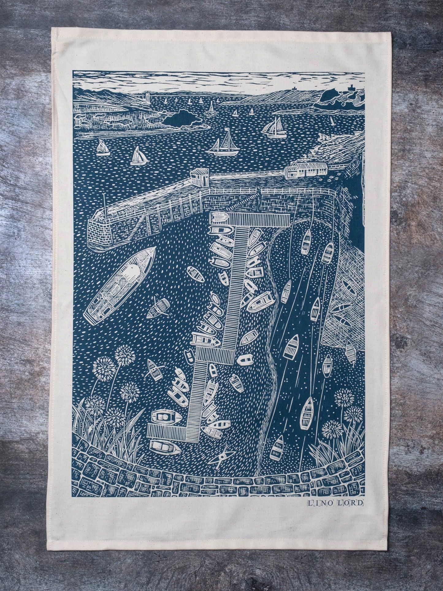 Organic Cotton Tea Towel with Summer St Mawes Lino Print