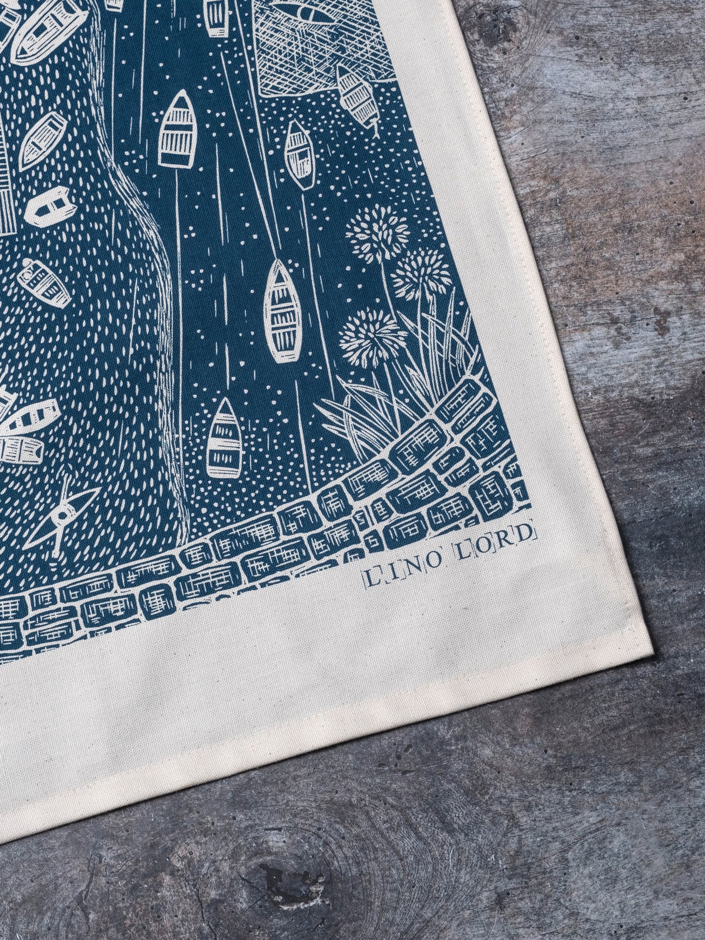 Organic Cotton Tea Towel with Summer St Mawes Lino Print