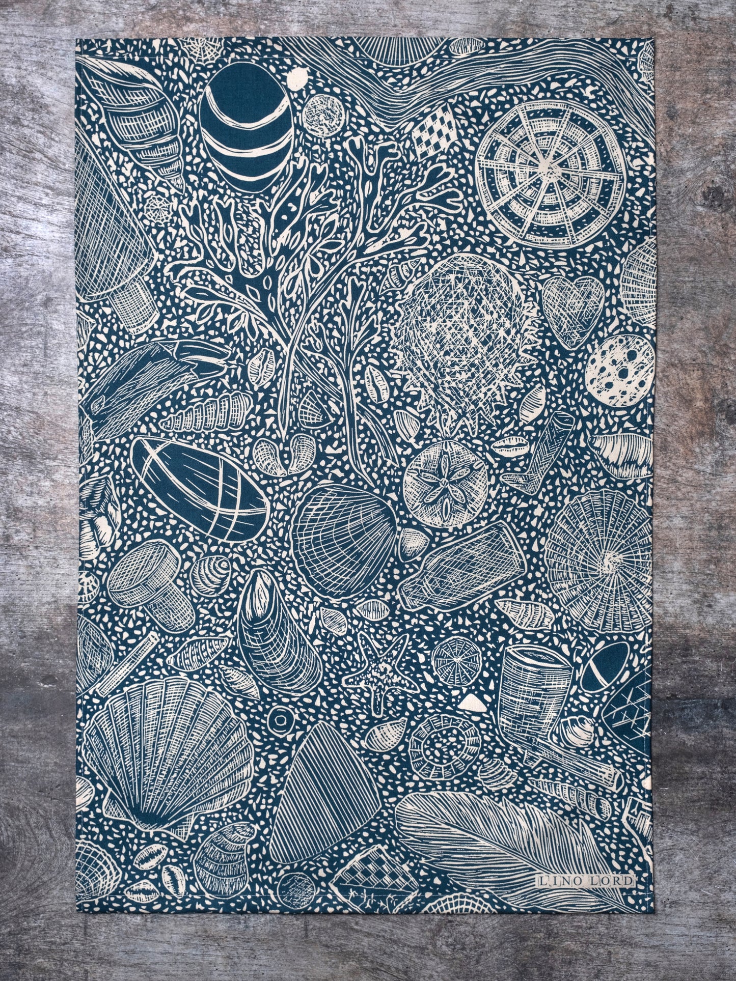 Organic Cotton Tea Towel with Hidden Beach Finds Lino Print