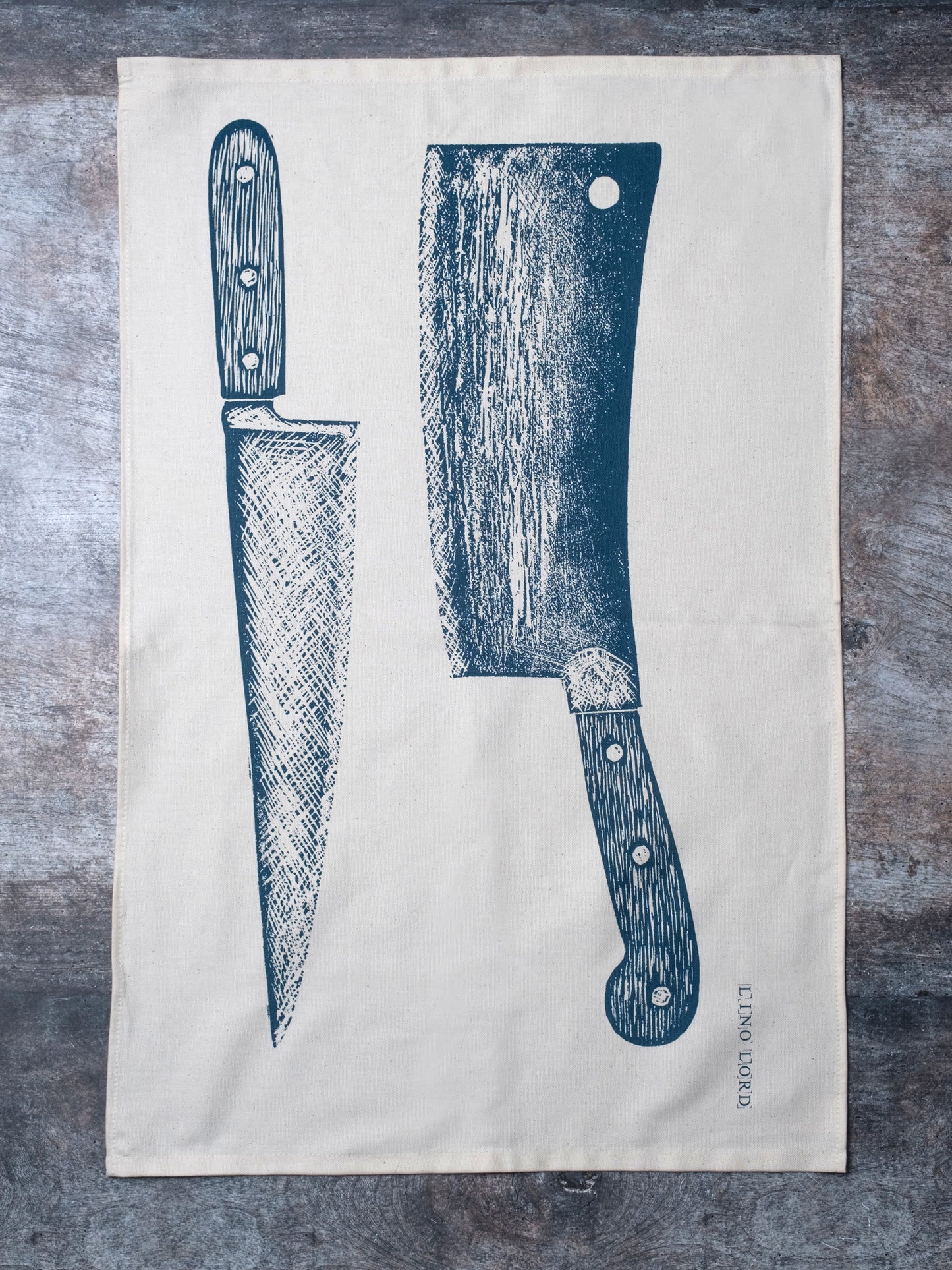 Organic Cotton Tea Towel with Knife & Cleaver Lino Print