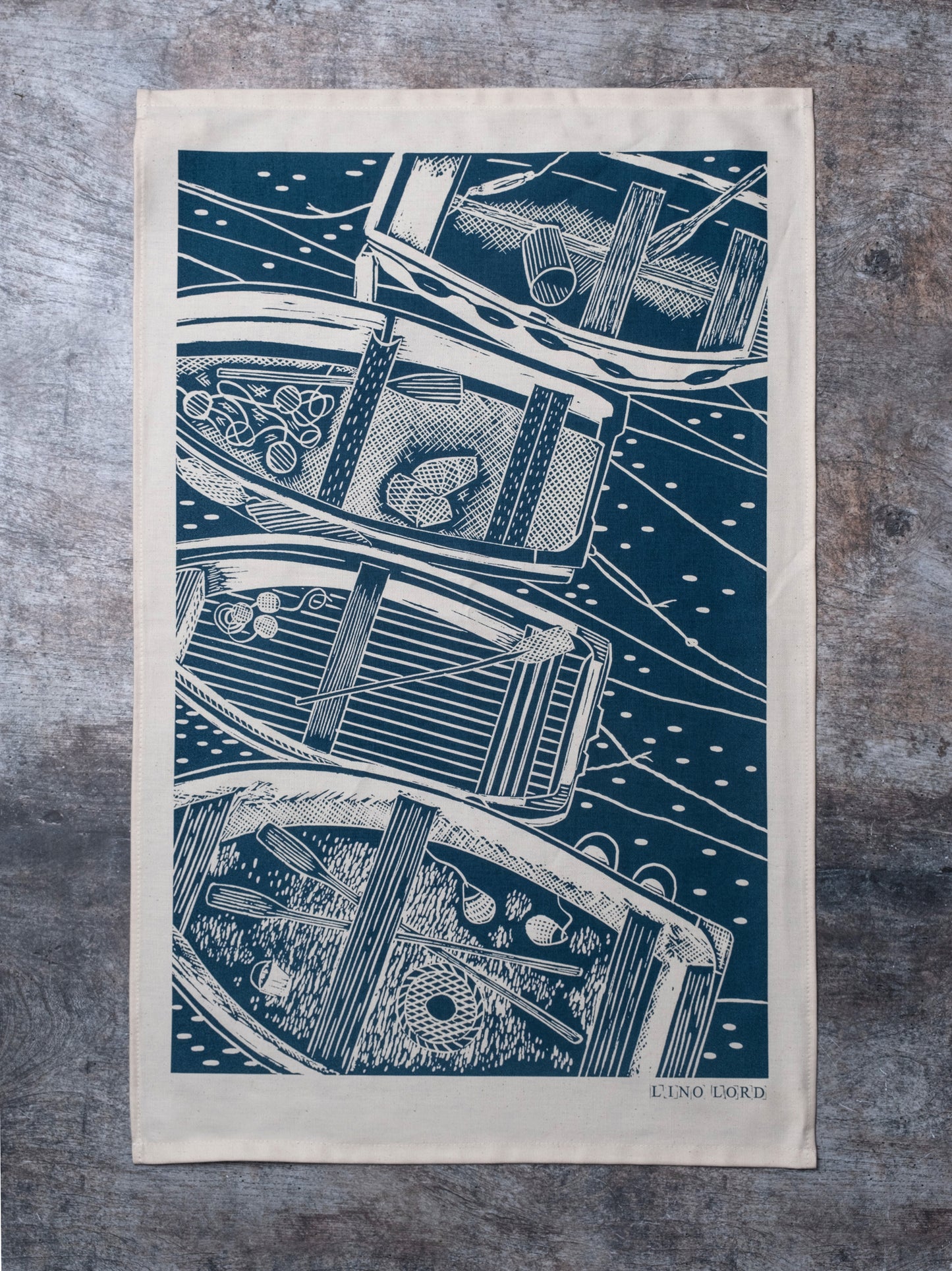 Organic Cotton Tea Towel with Four Boats From Above Lino Print