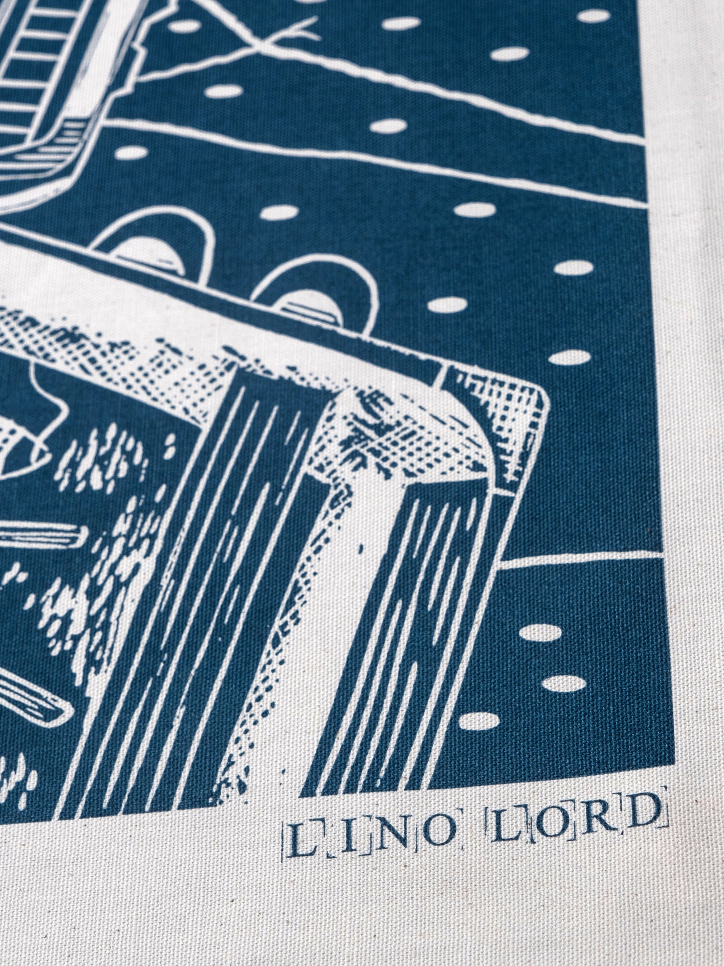 Organic Cotton Tea Towel with Four Boats From Above Lino Print