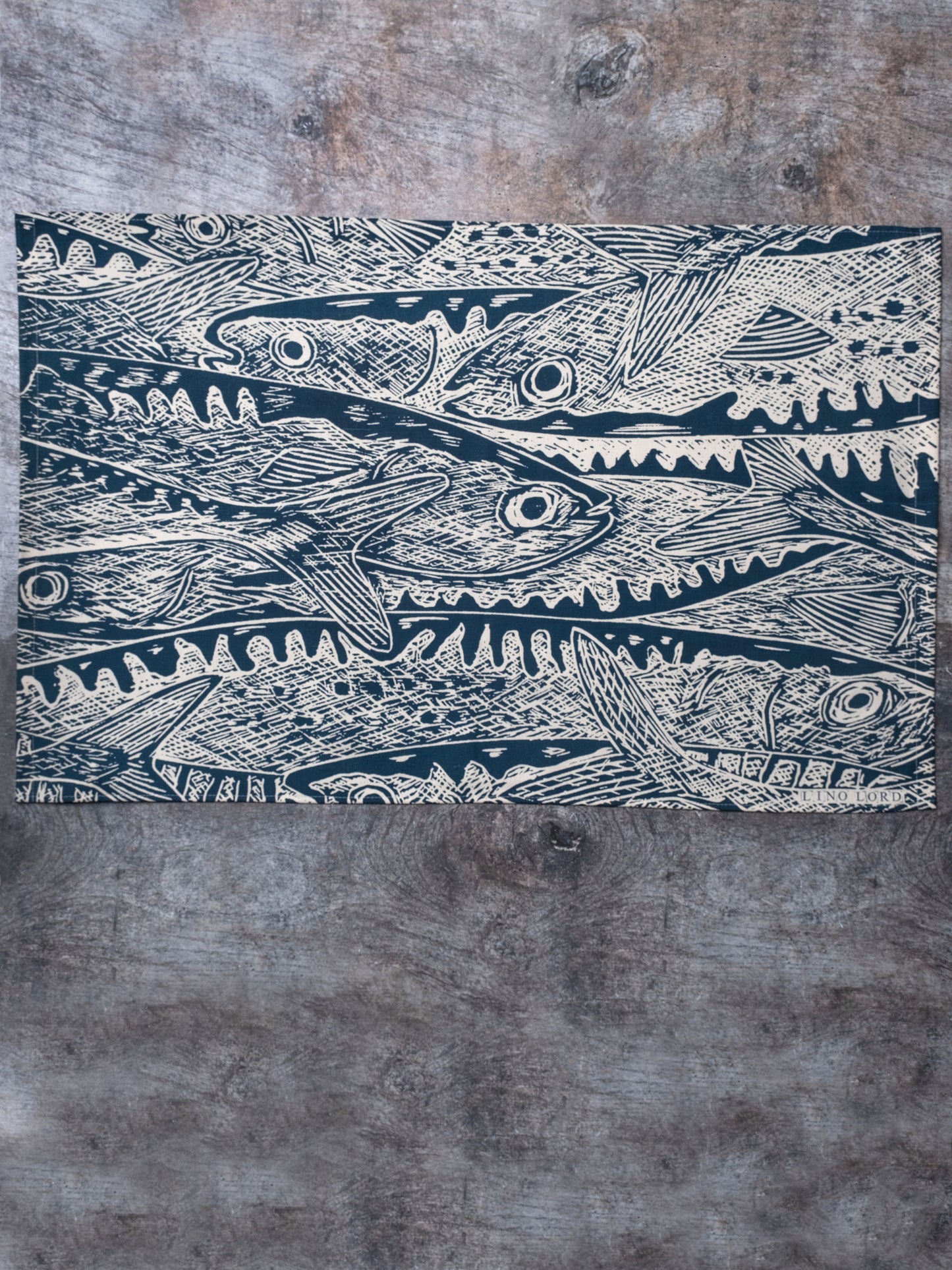 Organic Cotton Tea Towel with Heads or Tails Lino Print