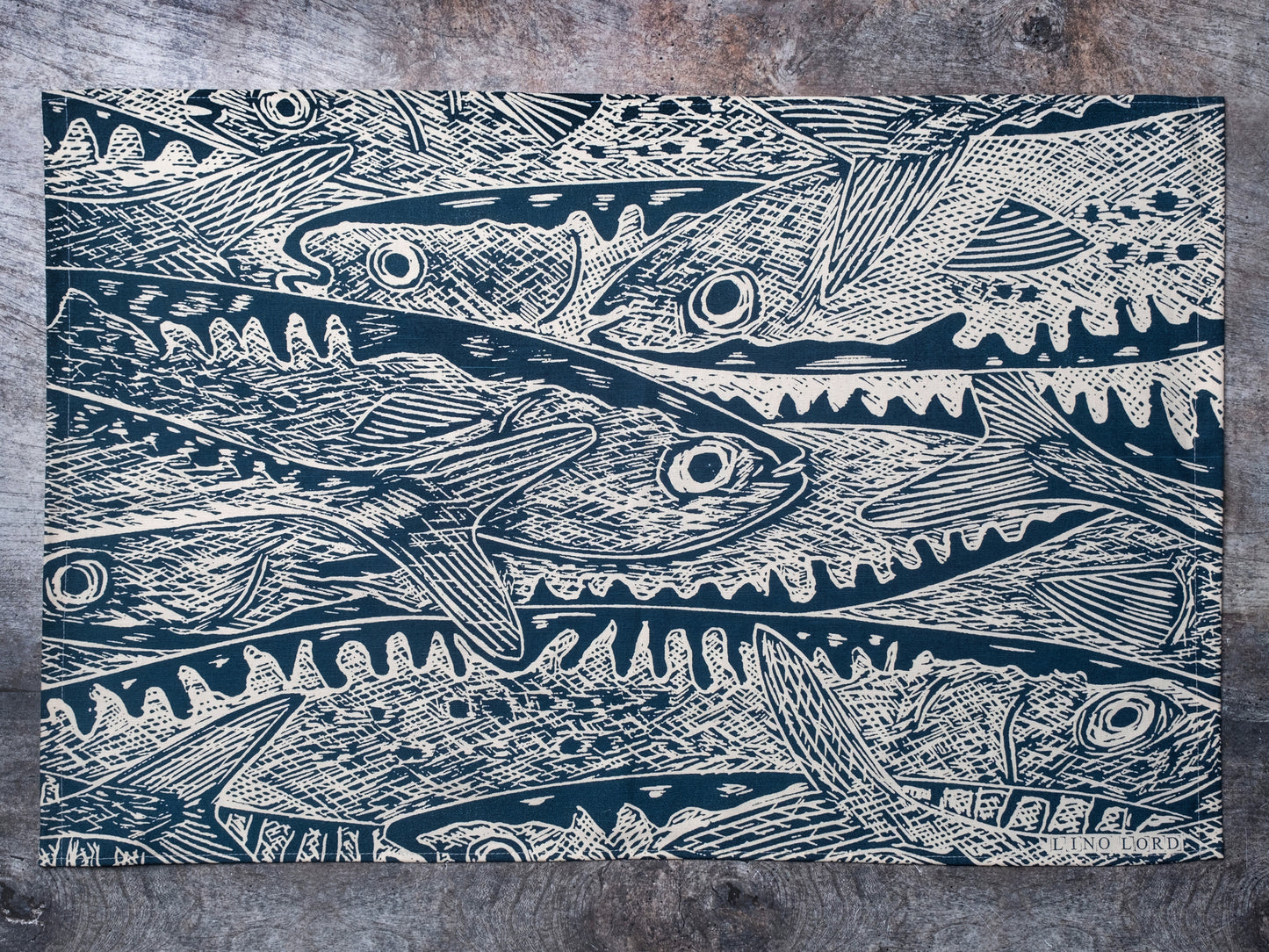 Organic Cotton Tea Towel with Heads or Tails Lino Print