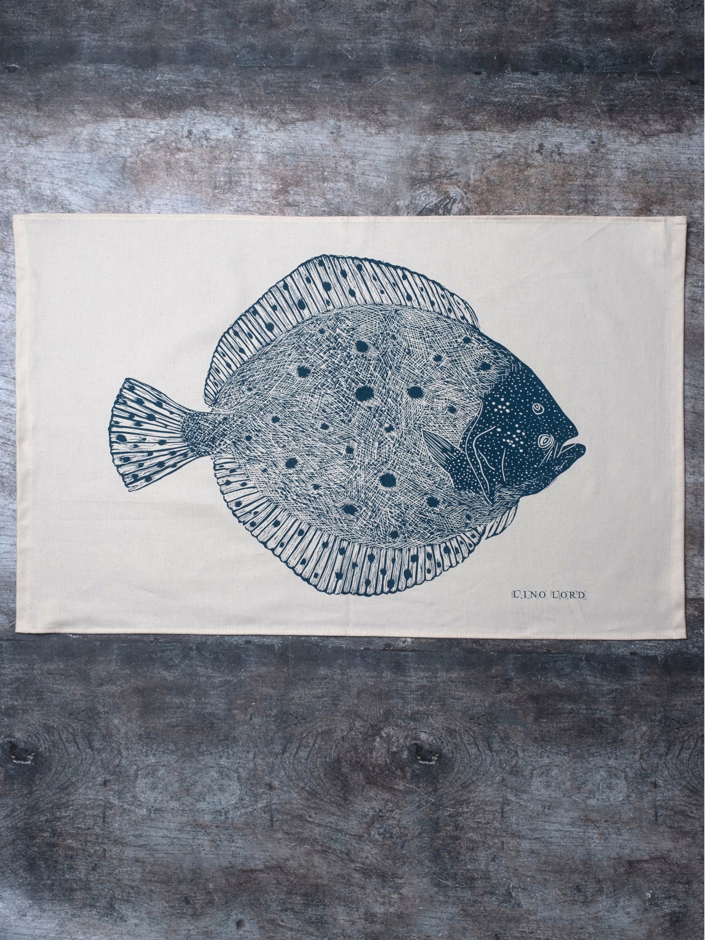 Organic Cotton Tea Towel with Turbot Lino Print