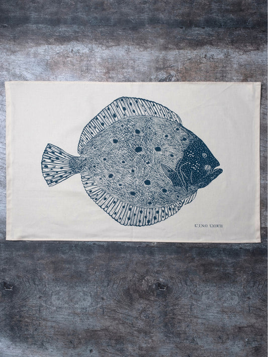 Organic Cotton Tea Towel with Turbot Lino Print