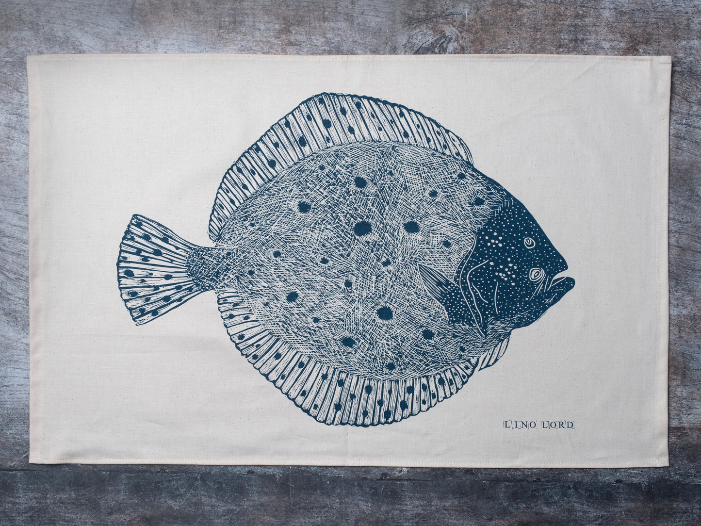 Organic Cotton Tea Towel with Turbot Lino Print