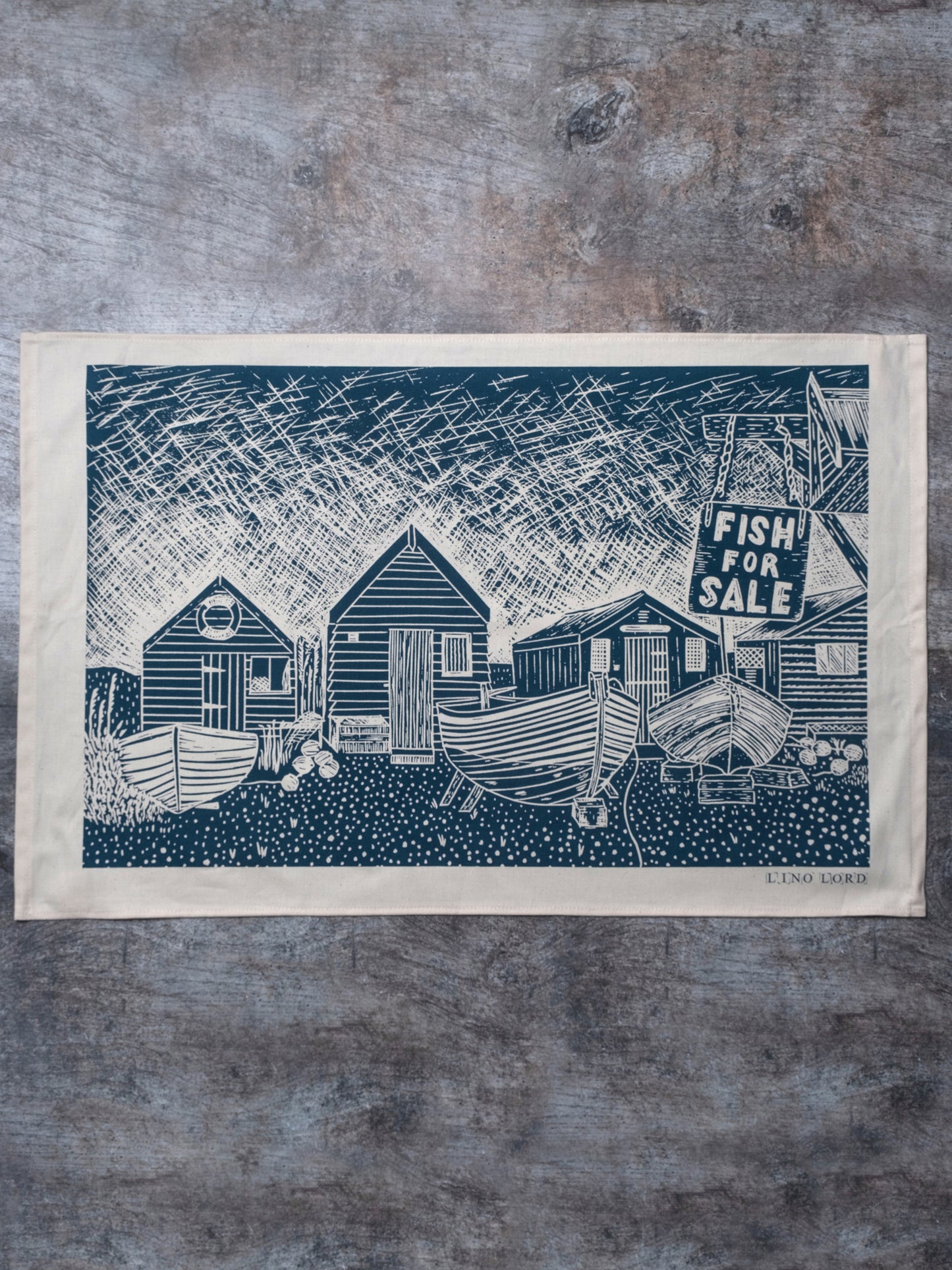 Organic Cotton Tea Towel with Fishermans Huts Lino Print