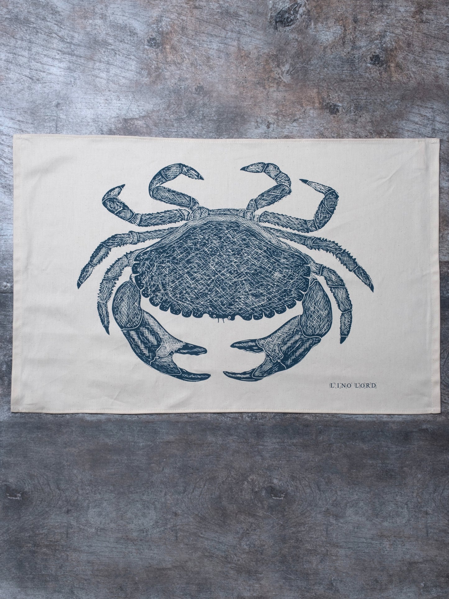 Organic Cotton Tea Towel with Brown Crab Lino Print