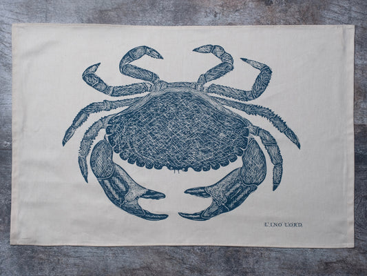 Organic Cotton Tea Towel with Brown Crab Lino Print