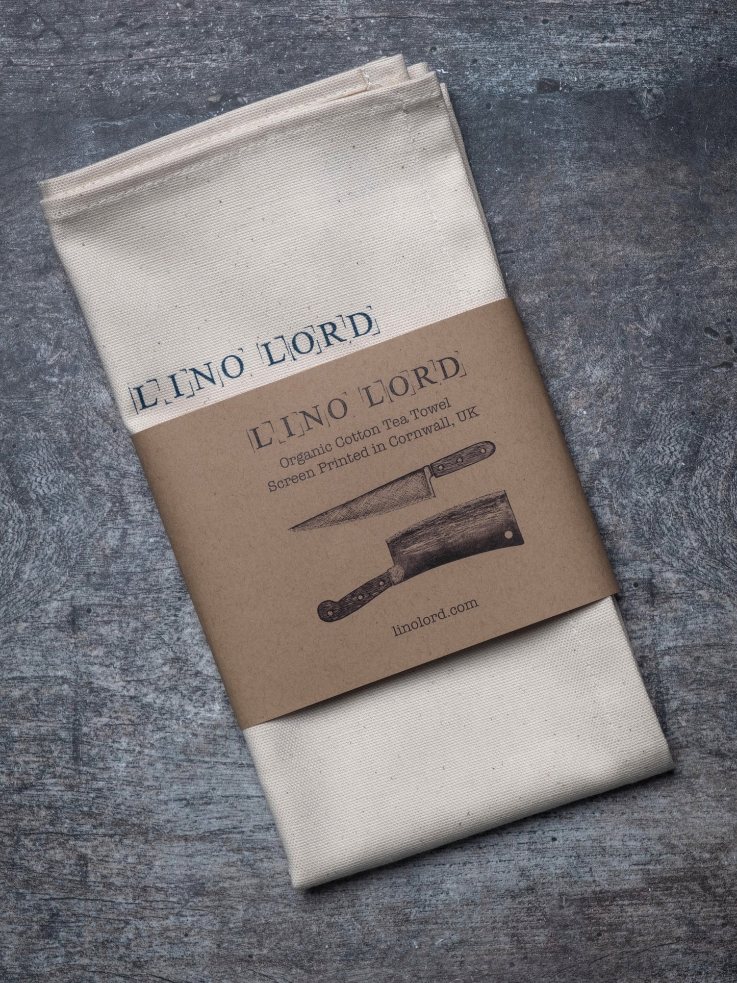 Organic Cotton Tea Towel with Knife & Cleaver Lino Print