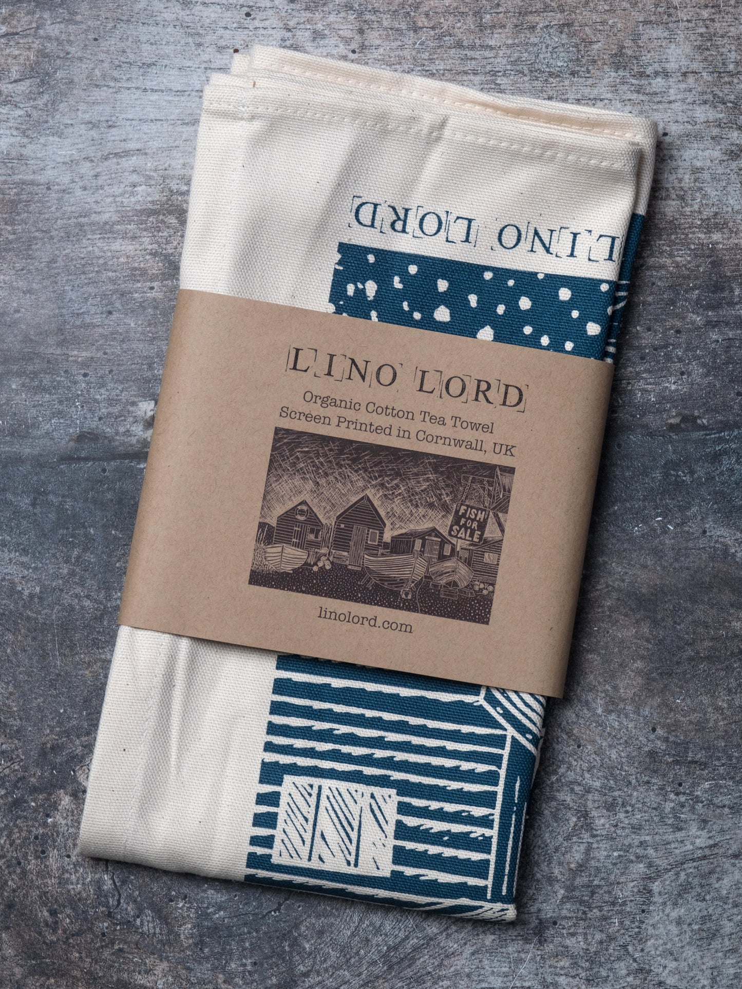 Organic Cotton Tea Towel with Fishermans Huts Lino Print