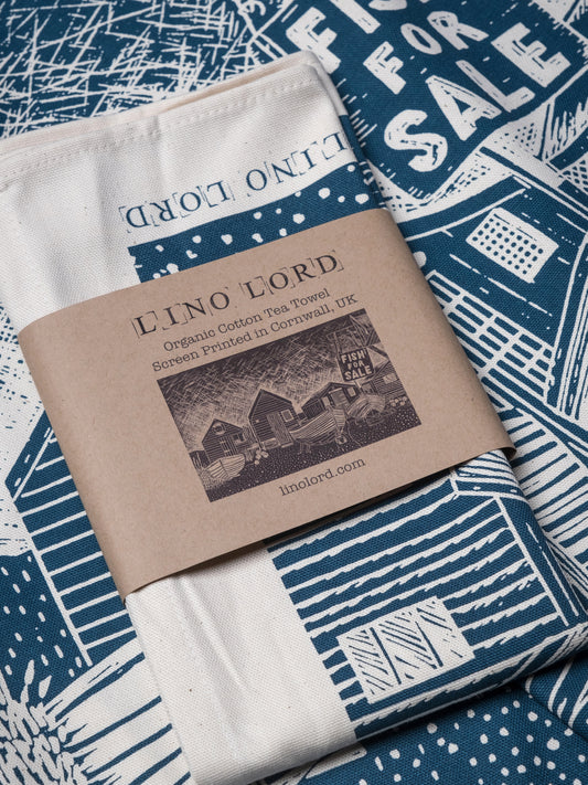 Organic Cotton Tea Towel with Fishermans Huts Lino Print