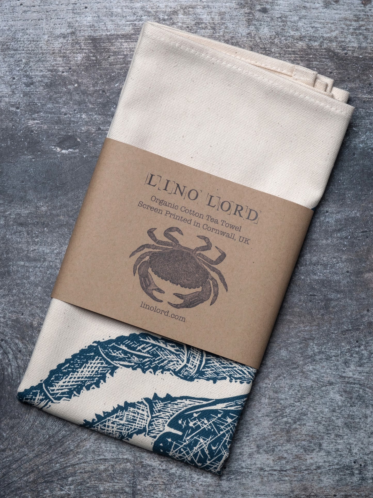 Organic Cotton Tea Towel with Brown Crab Lino Print