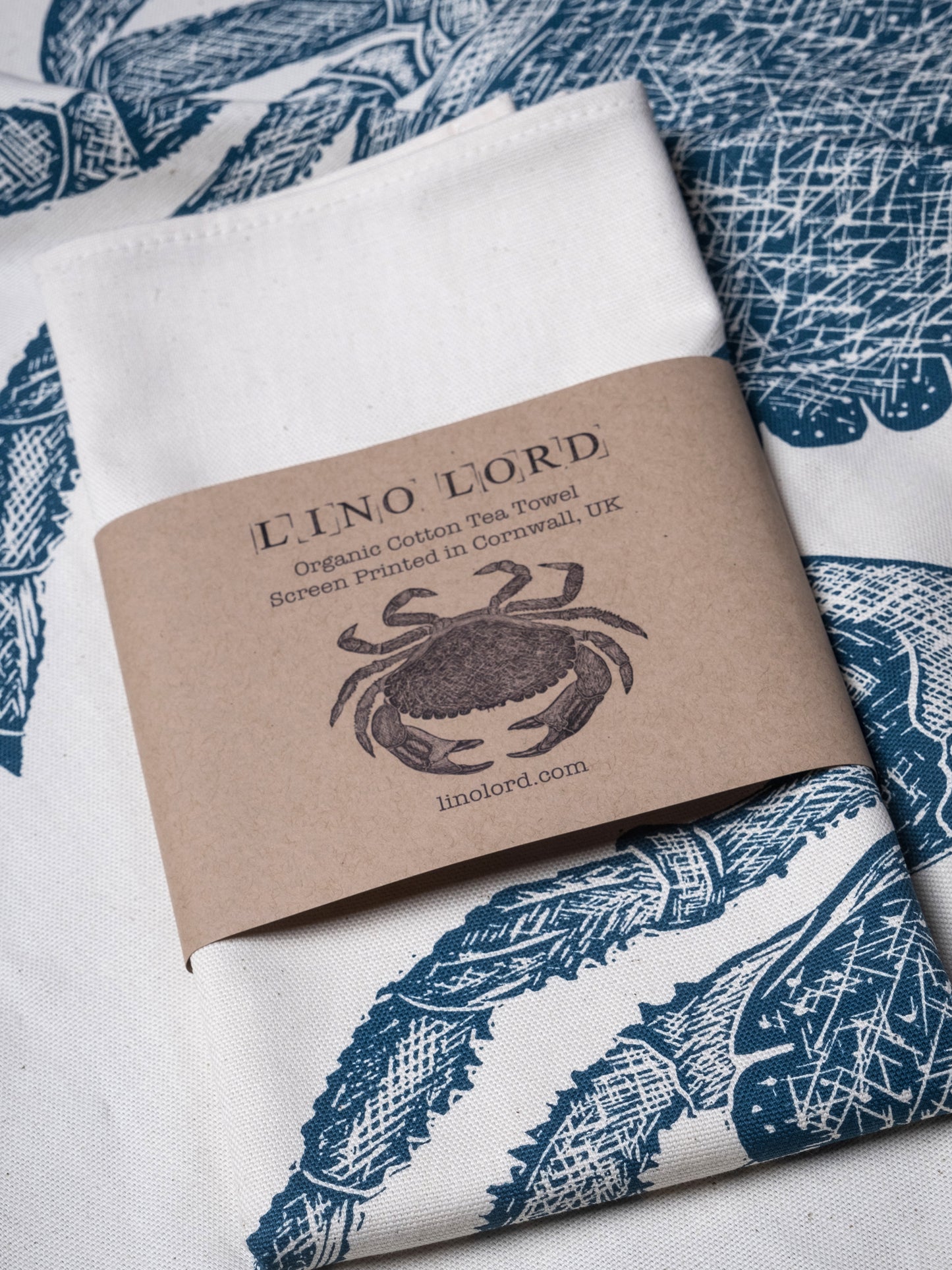 Organic Cotton Tea Towel with Brown Crab Lino Print