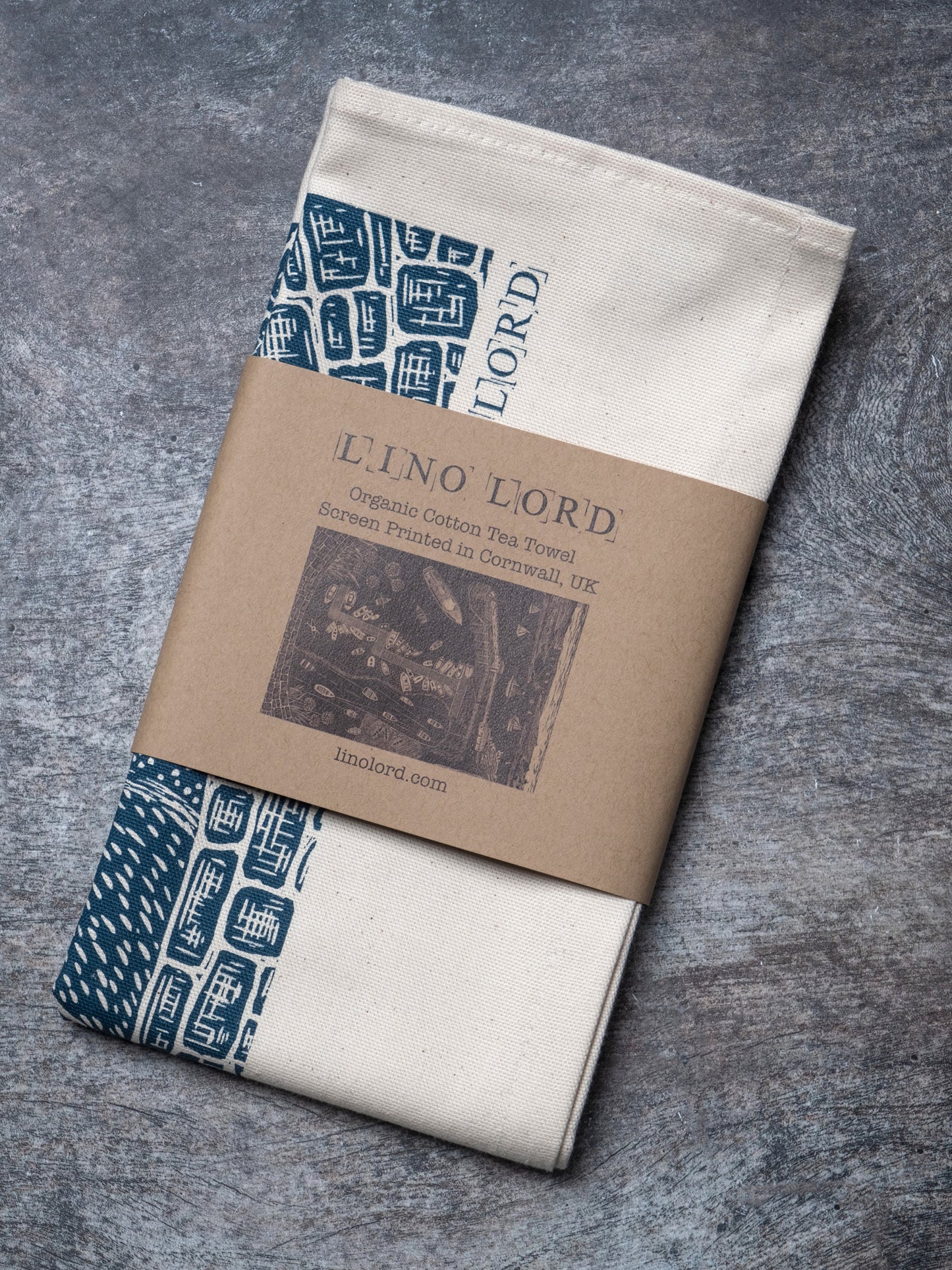 Organic Cotton Tea Towel with Summer St Mawes Lino Print