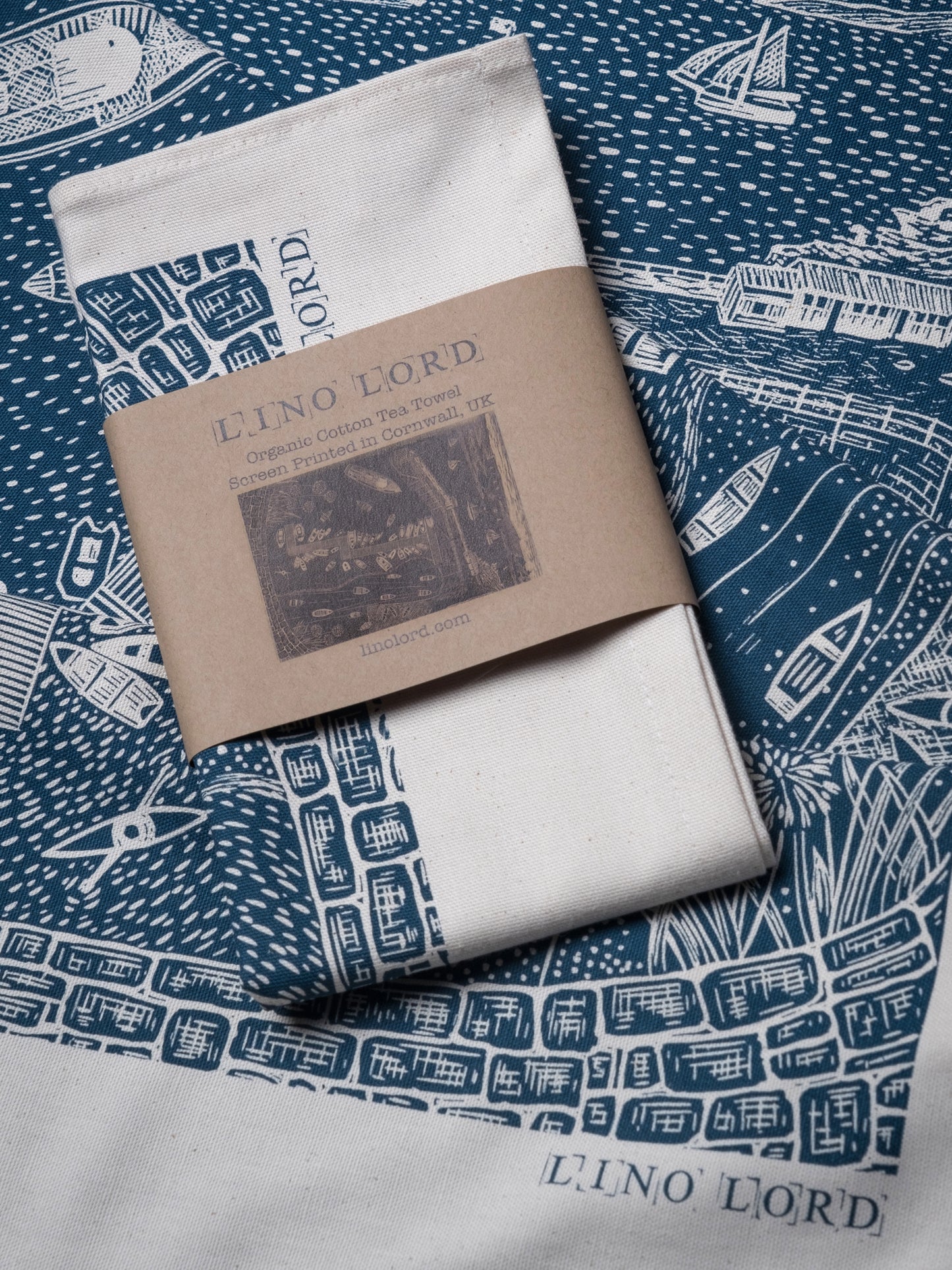 Organic Cotton Tea Towel with Summer St Mawes Lino Print