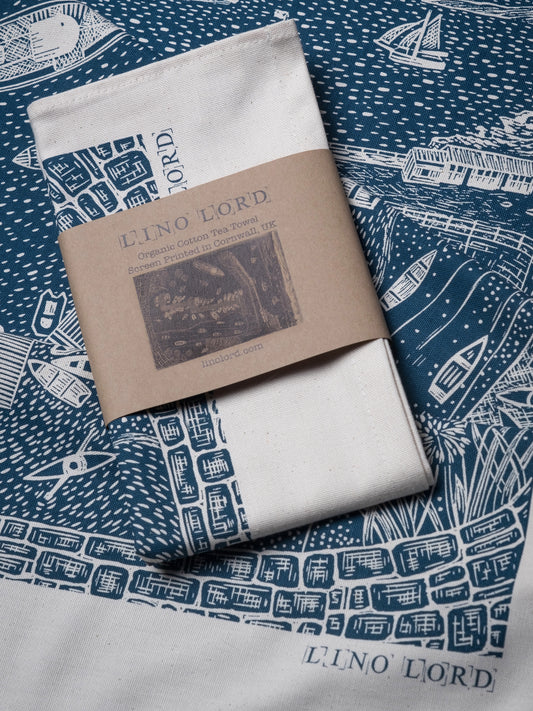 Organic Cotton Tea Towel with Summer St Mawes Lino Print