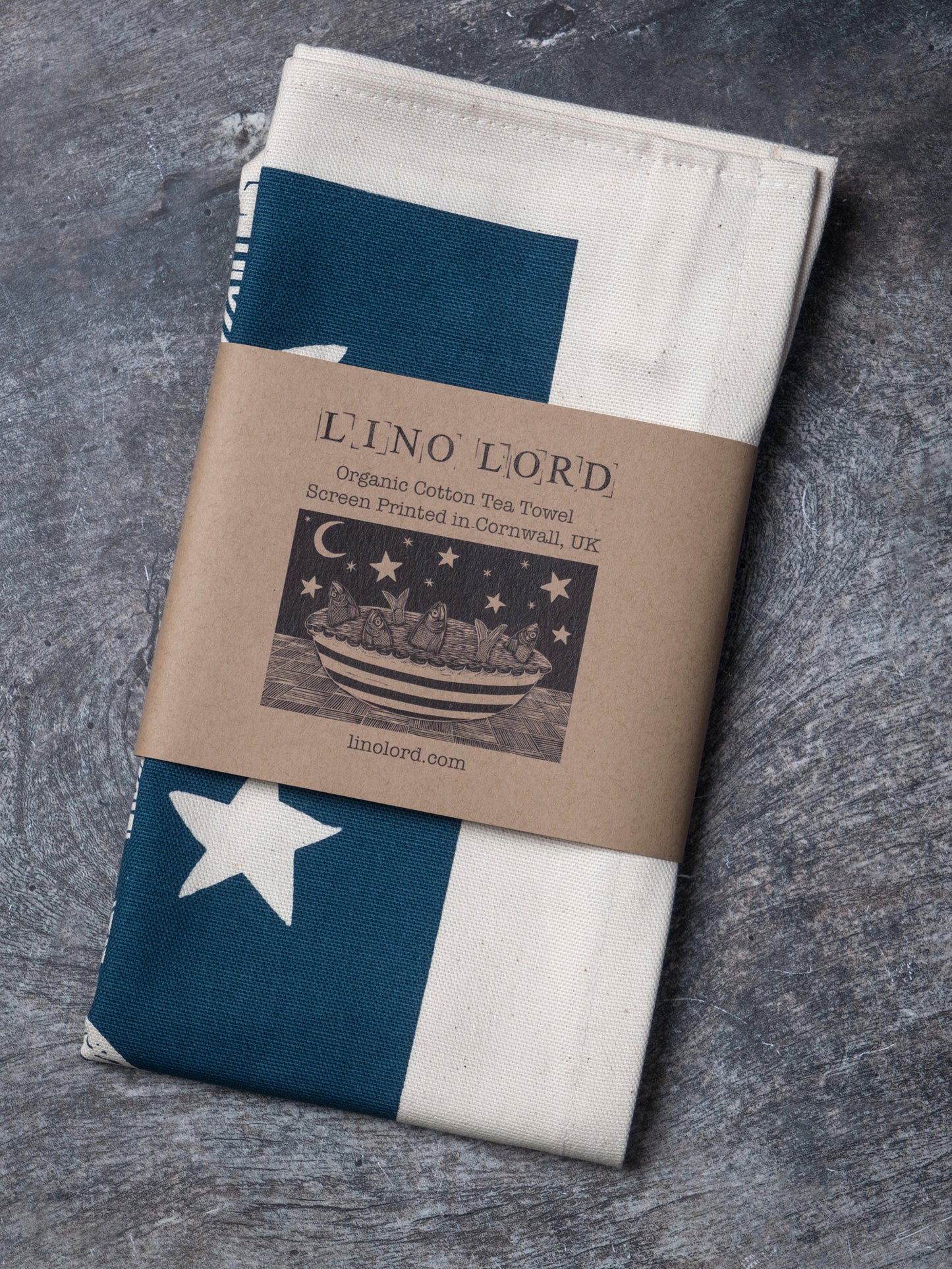 Organic Cotton Tea Towel with Stargazy Pie Lino Print