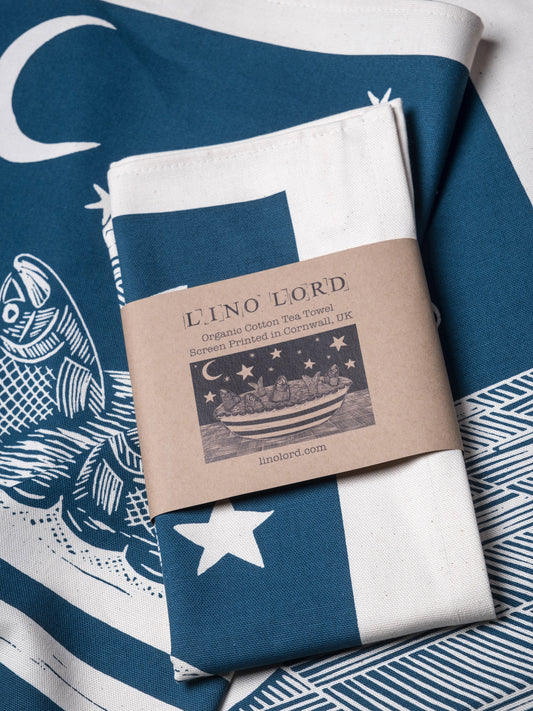 Organic Cotton Tea Towel with Stargazy Pie Lino Print