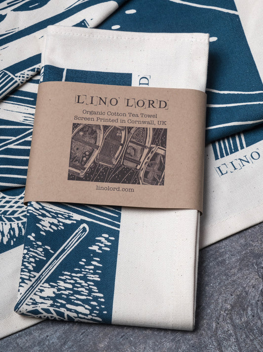 Organic Cotton Tea Towel with Four Boats From Above Lino Print
